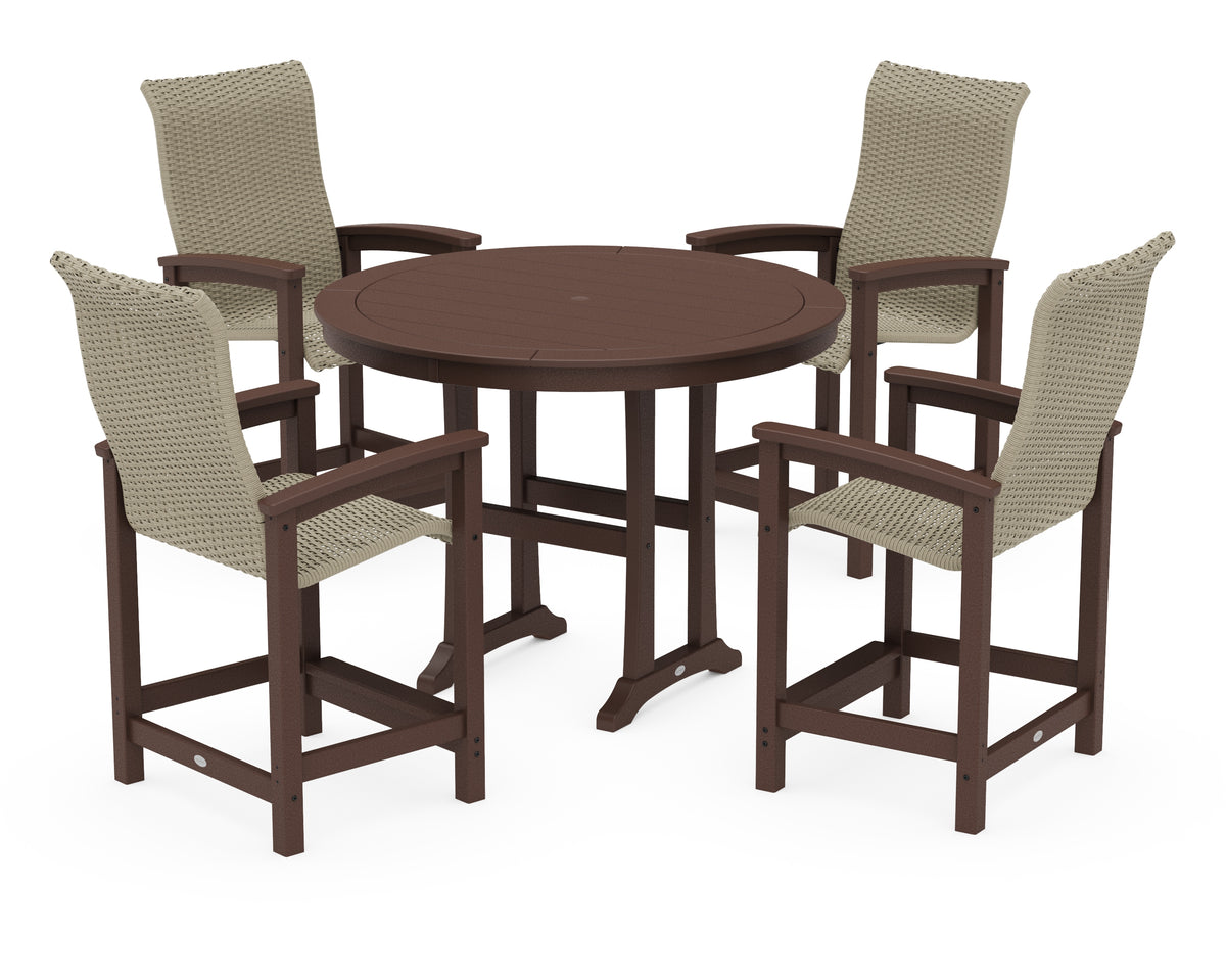 POLYWOOD Coastal Woven High-Back 5-Piece Round Counter Set in Mahogany / Dune Grass