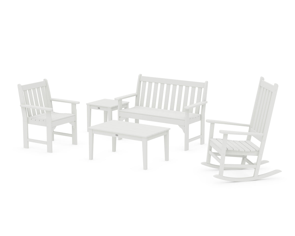 POLYWOOD Vineyard 5-Piece Bench &amp; Rocking Chair Set in Vintage White