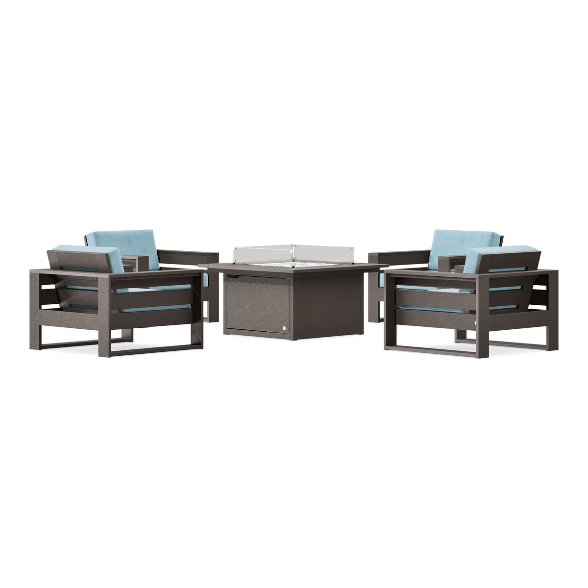 POLYWOOD PW Designer Series Latitude 5-Piece Lounge Fire Table Set in Vintage Coffee / Lattice Sky Blue