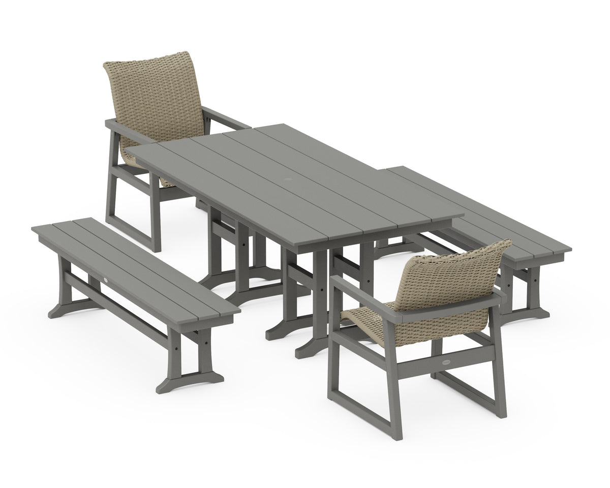 POLYWOOD EDGE Woven 5-Piece Farmhouse Dining Set with Benches in Slate Grey / Dune Grass