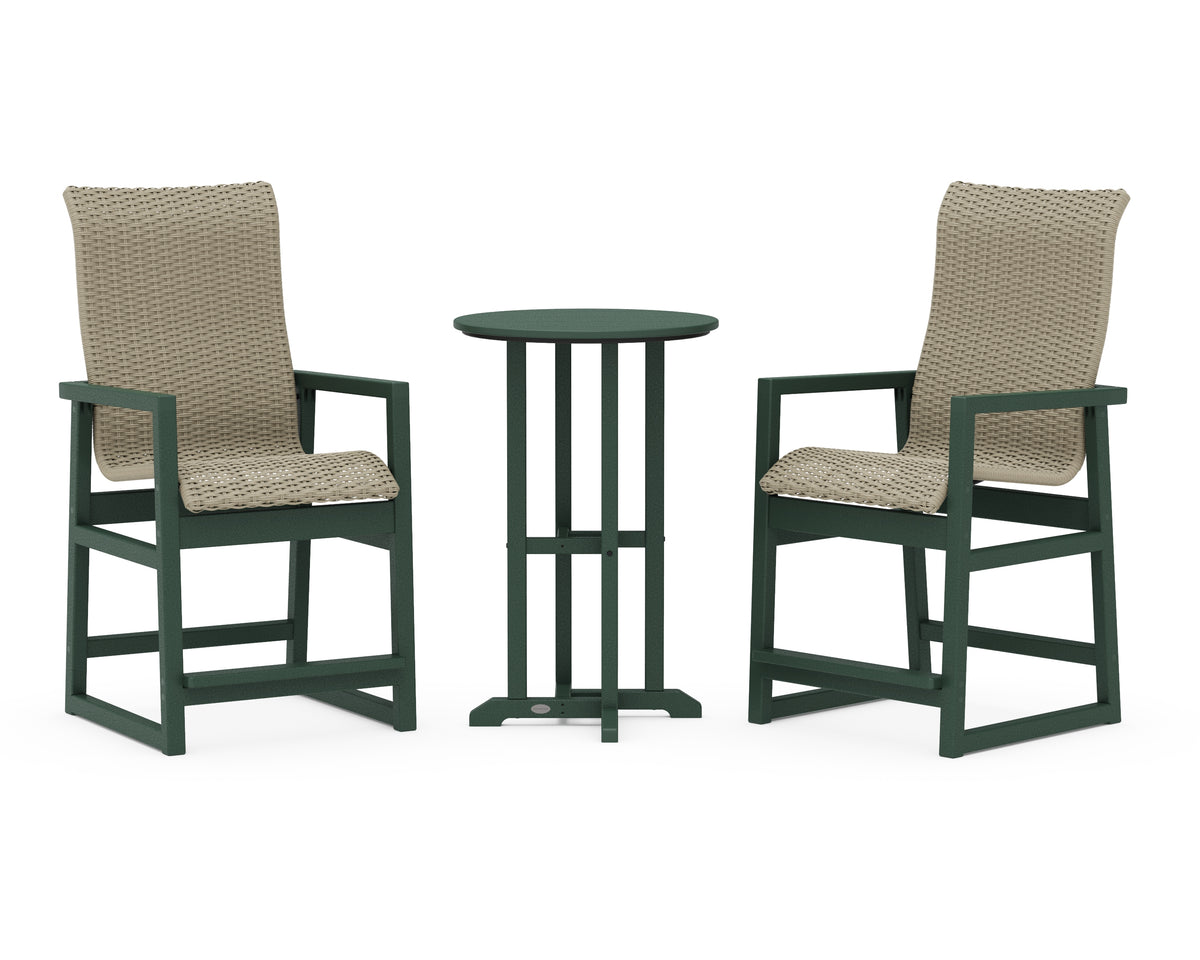 POLYWOOD EDGE Woven Highback 3-Piece Farmhouse Counter Set in Green / Dune Grass