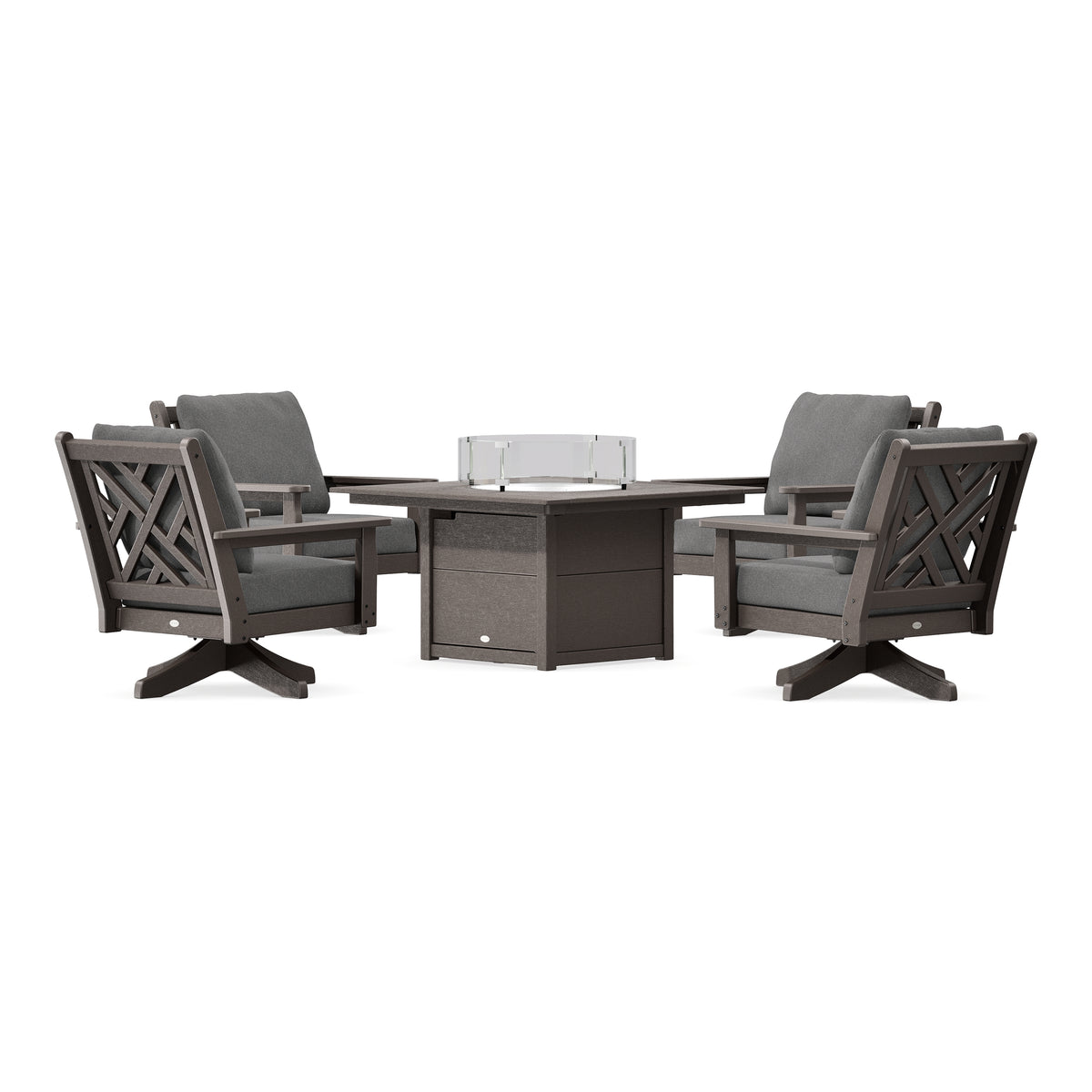 POLYWOOD Chippendale 5-Piece Deep Seating Swivel Conversation Set with Fire Pit Table in Vintage Coffee
