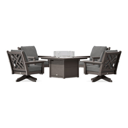 POLYWOOD Chippendale 5-Piece Deep Seating Swivel Conversation Set with Fire Pit Table in Vintage Coffee