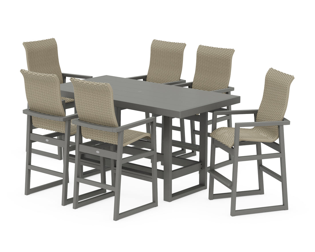 POLYWOOD EDGE Woven Highback Arm Chair 7-Piece Bar Set in Slate Grey / Dune Grass