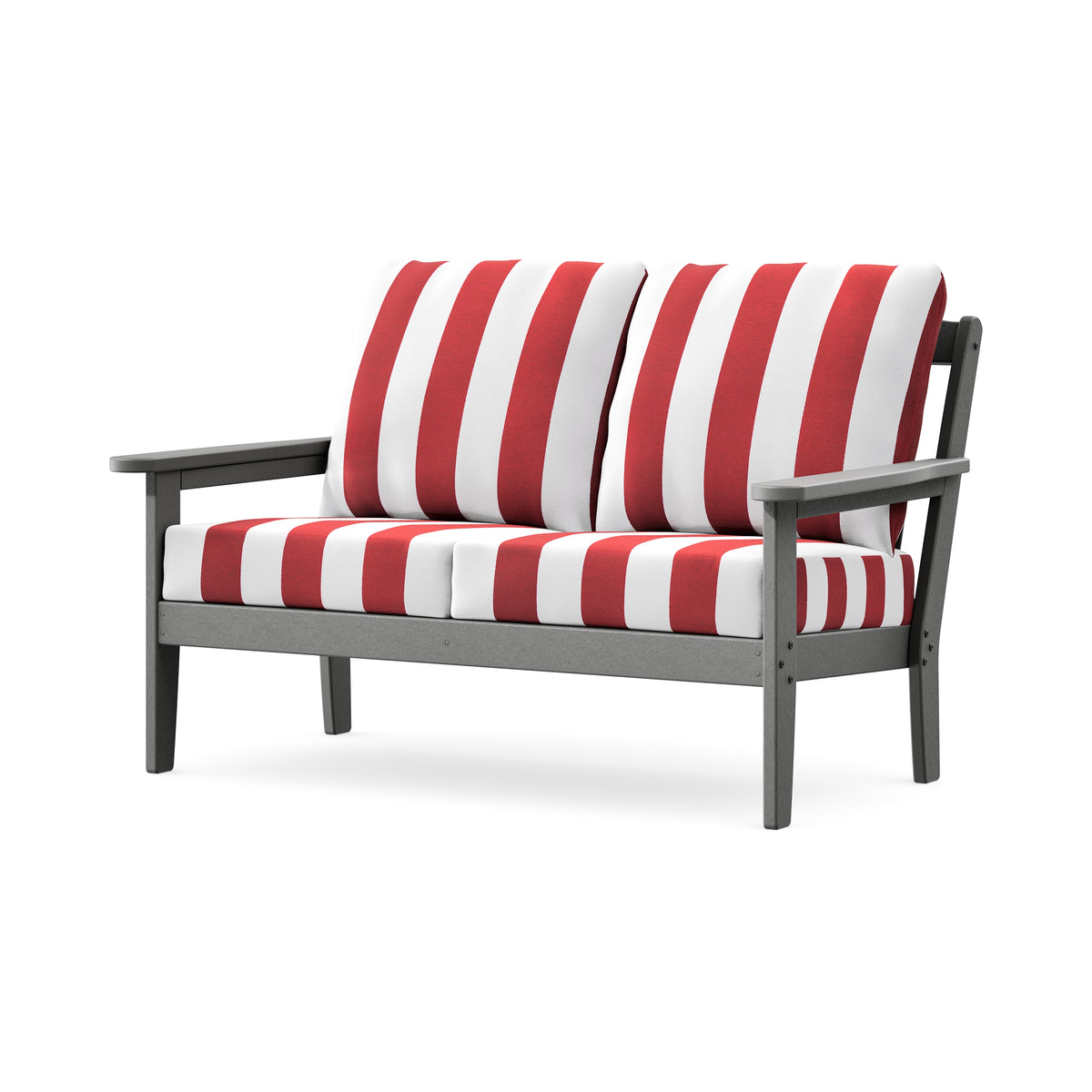 POLYWOOD Cottage Deep Seating Loveseat in Slate Grey / Cabana Stripe Crimson