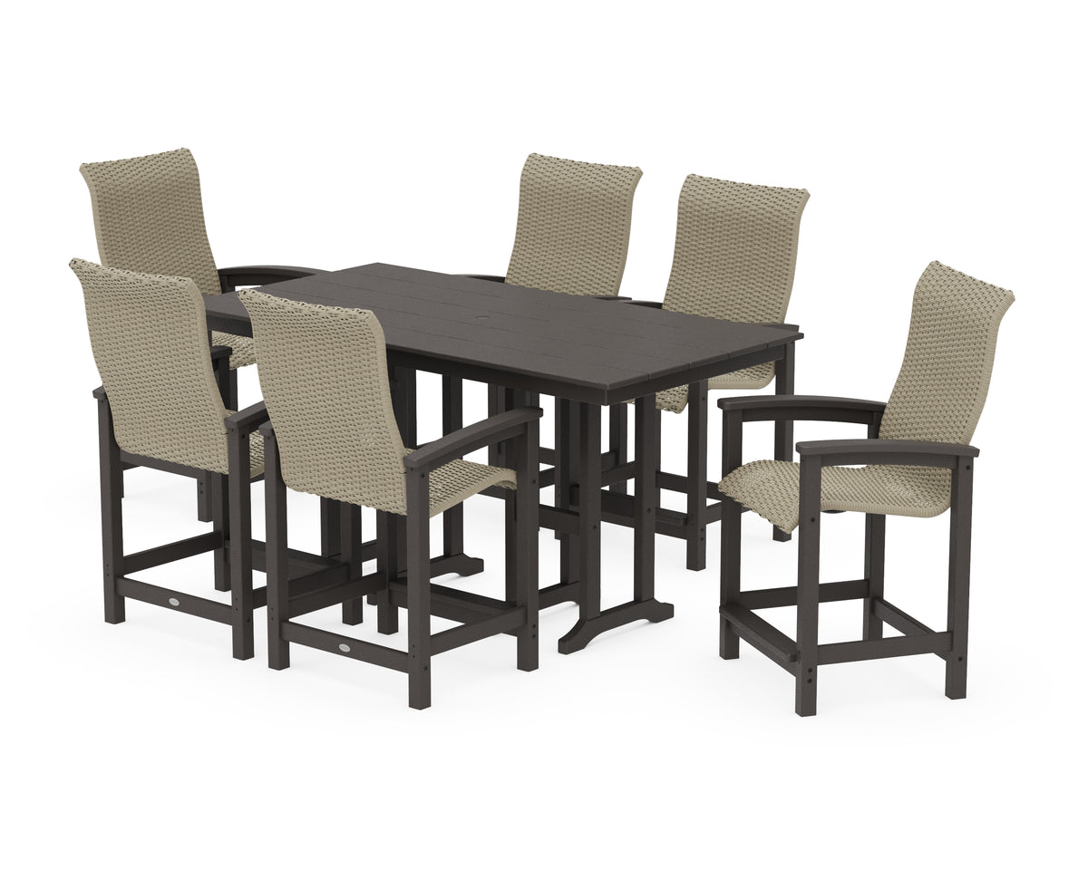 POLYWOOD Coastal Woven High-Back Arm Chair 7-Piece Farmhouse Counter Set in Vintage Coffee / Dune Grass