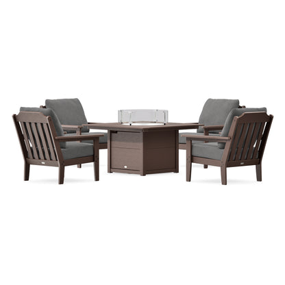 POLYWOOD Country Living Cottage 5-Piece Deep Seating Set with Fire Pit Table in Mahogany