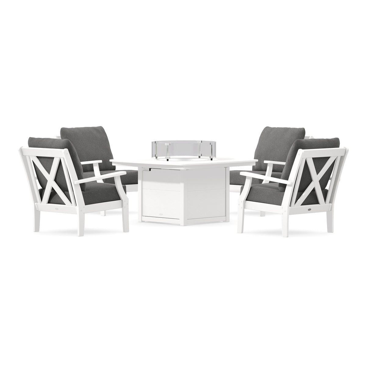 POLYWOOD Braxton 5-Piece Deep Seating Conversation Set with Fire Pit Table in White