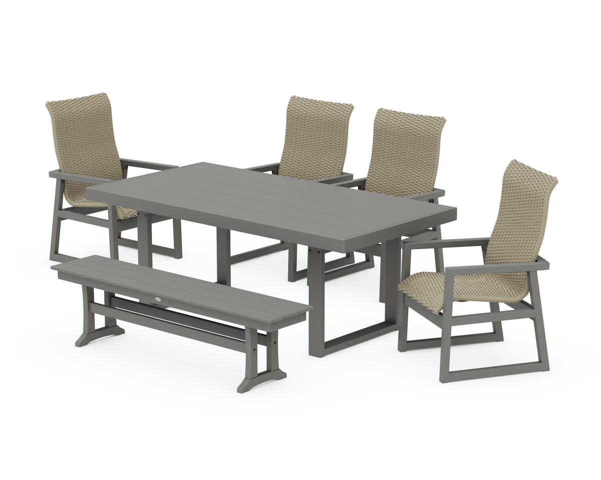 POLYWOOD EDGE Woven High-Back 6-Piece Dining Set with Bench in Slate Grey / Dune Grass