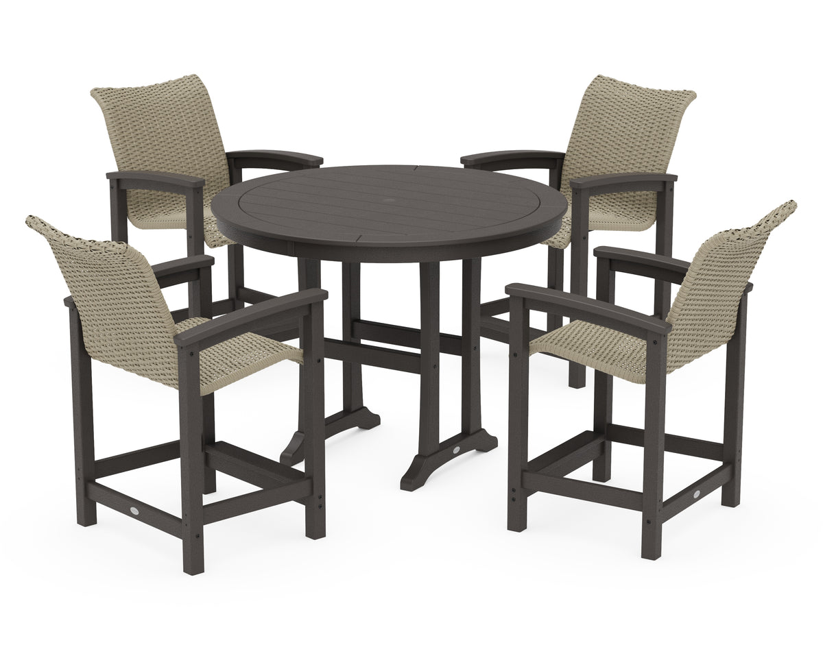 POLYWOOD Coastal Woven 5-Piece Round Counter Set in Vintage Coffee / Dune Grass