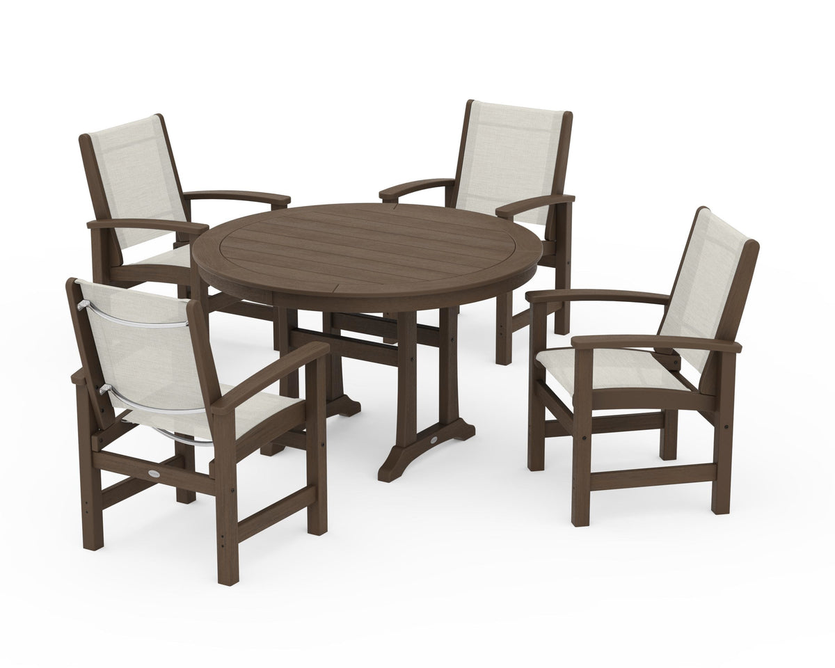 POLYWOOD Coastal 5-Piece Round Dining Set with Trestle Legs in Kona / Parchment