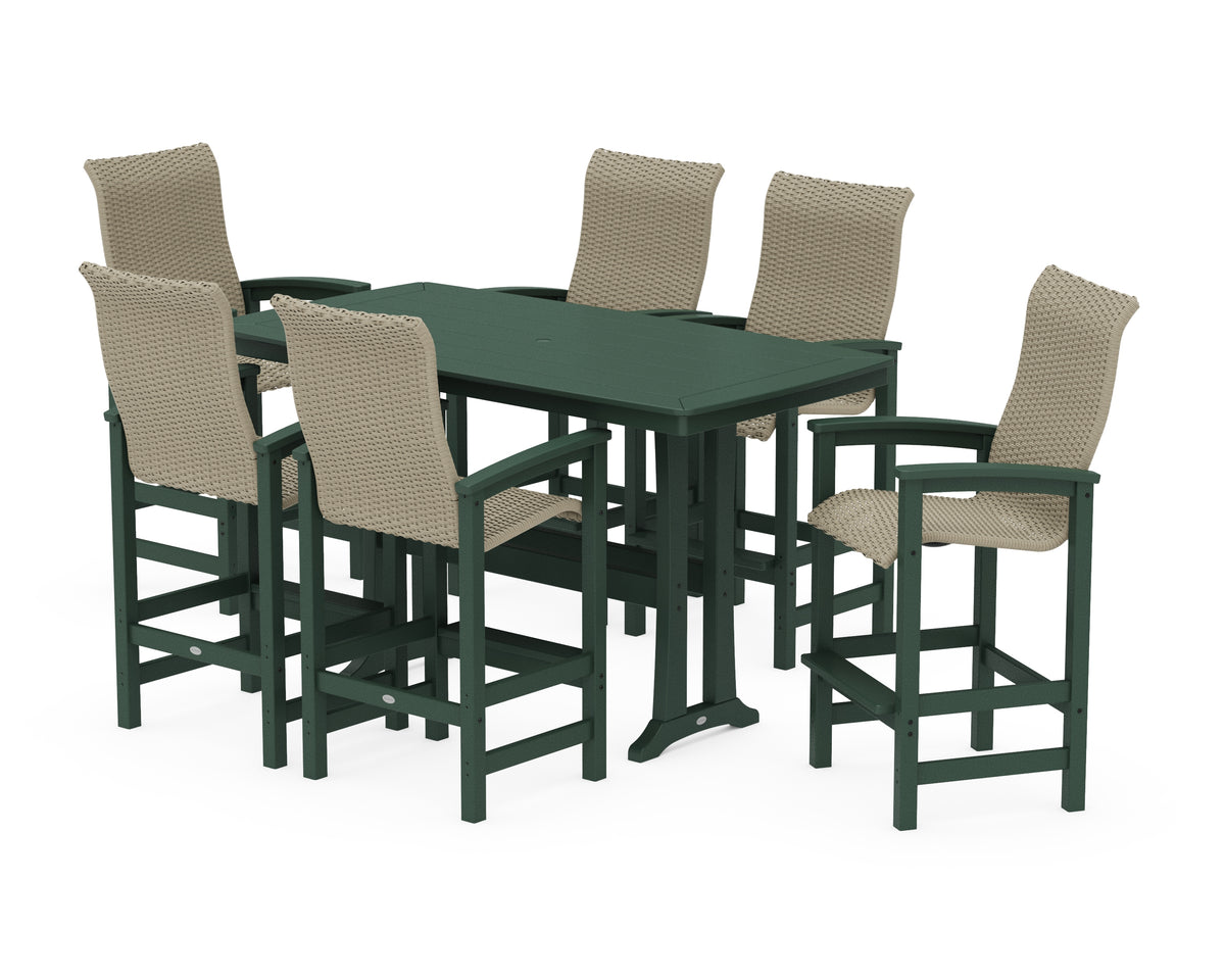 POLYWOOD Coastal Woven High-Back Arm Chair 7-Piece Bar Set with Trestle Legs in Green / Dune Grass