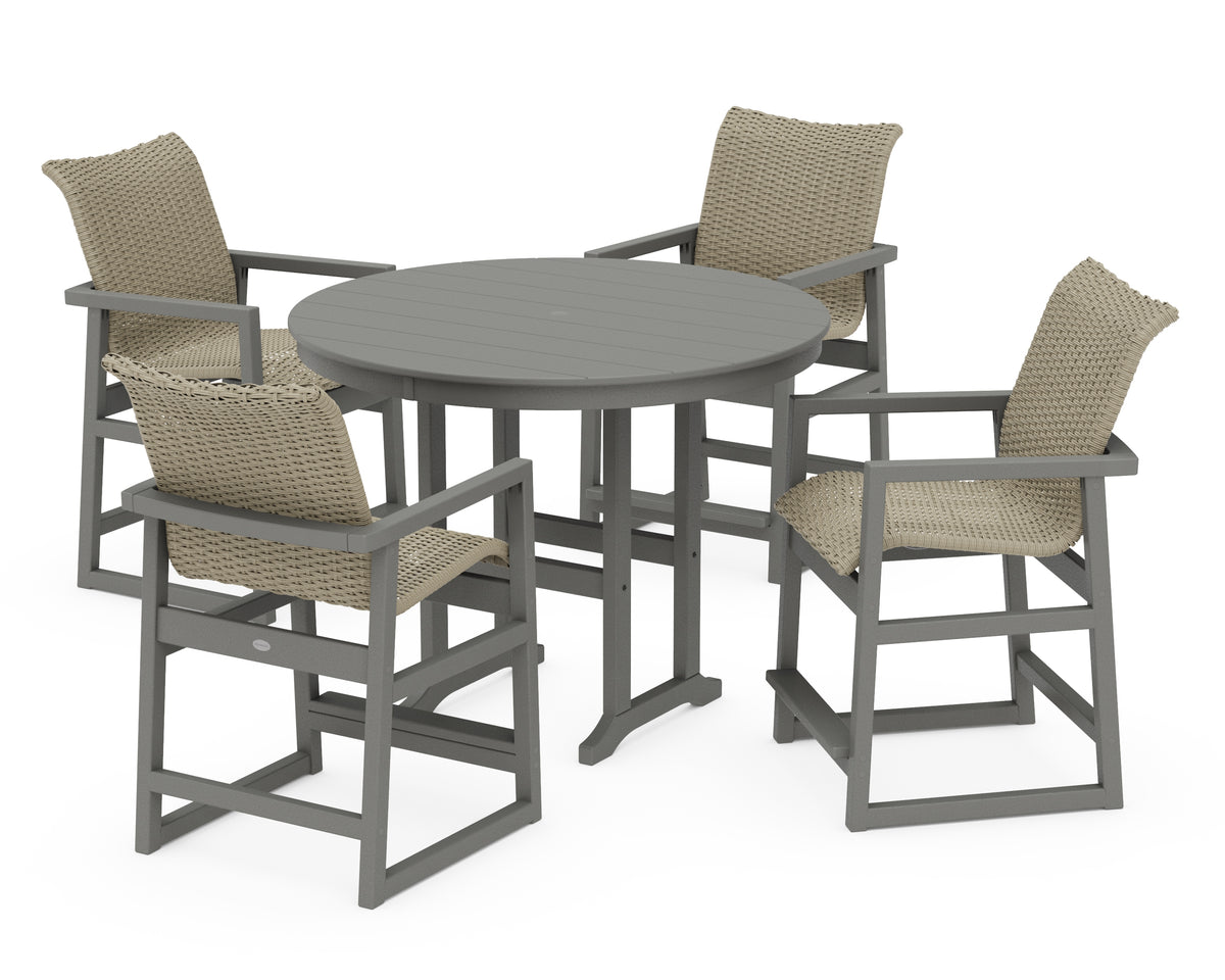 POLYWOOD EDGE Woven 5-Piece Round Farmhouse Counter Set in Slate Grey / Dune Grass