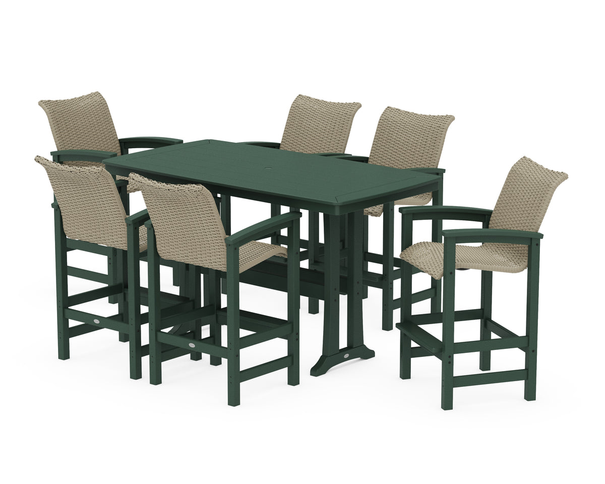POLYWOOD Coastal Woven Arm Chair 7-Piece Bar Set with Trestle Legs in Green / Dune Grass