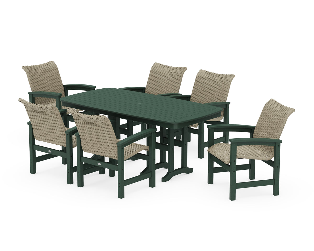 POLYWOOD Coastal Woven Arm Chair 7-Piece Dining Set in Green / Dune Grass