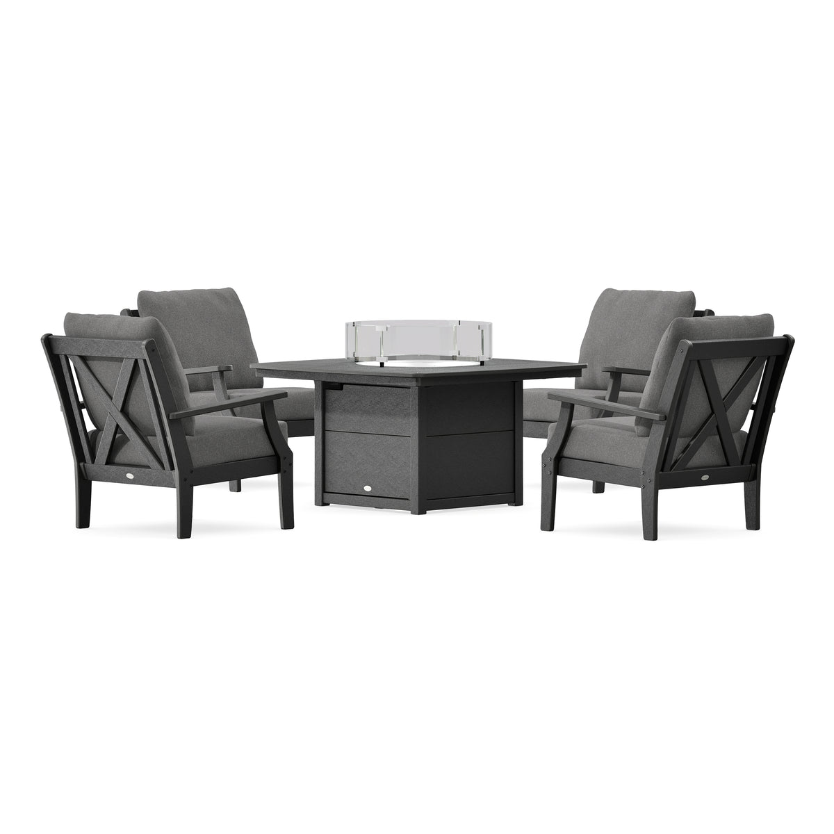 POLYWOOD Braxton 5-Piece Deep Seating Conversation Set with Fire Pit Table in Black