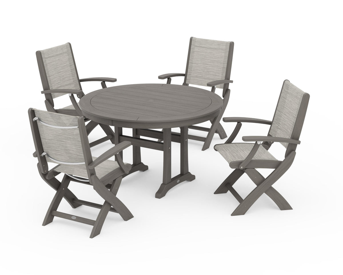 POLYWOOD Coastal Folding Chair 5-Piece Round Dining Set with Trestle Legs in Driftwood / Birch