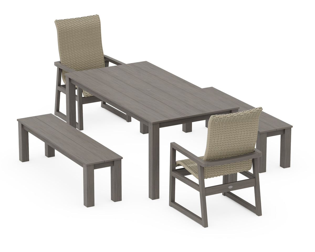POLYWOOD EDGE Woven High-Back 5-Piece Parsons Dining Set with Benches in Driftwood / Dune Grass