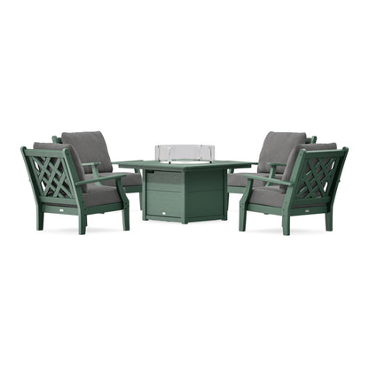 POLYWOOD Country Living Wovendale 5-Piece Deep Seating Set with Fire Pit Table in Green