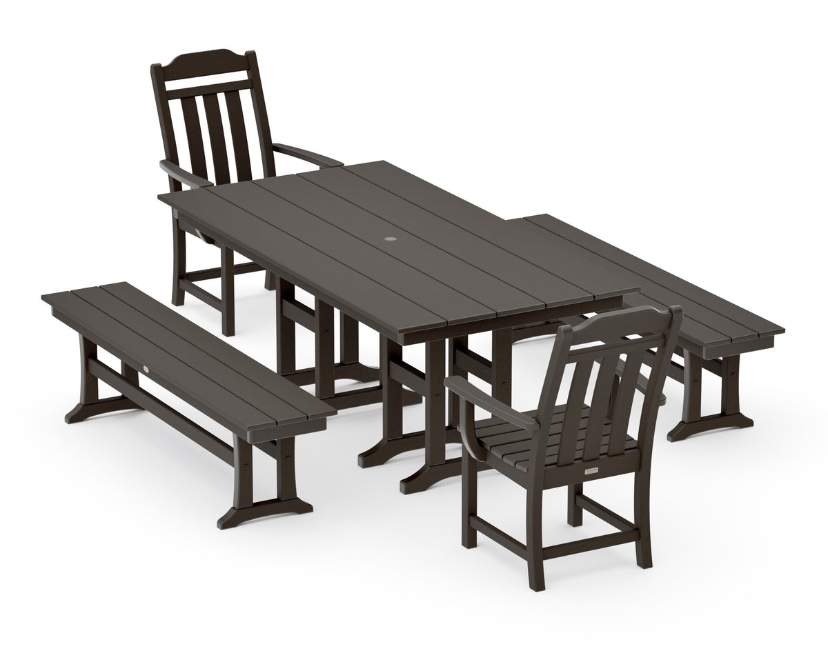 POLYWOOD Cottage 5-Piece Farmhouse Dining Set with Benches in Vintage Coffee