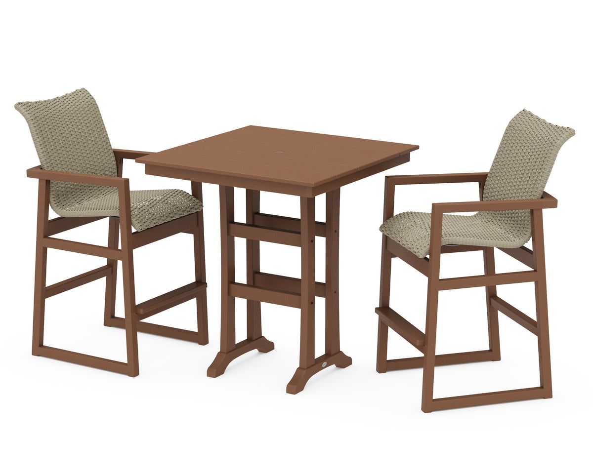 POLYWOOD EDGE Woven 3-Piece Farmhouse Bar Set with Trestle Legs in Teak / Dune Grass