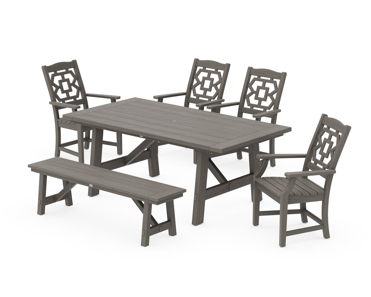 POLYWOOD Chinoiserie 6-Piece Rustic Farmhouse Dining Set with Bench in Driftwood