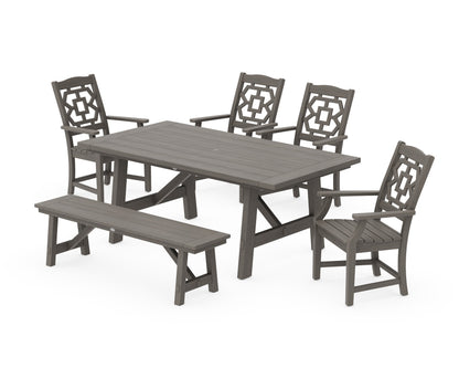 POLYWOOD Chinoiserie 6-Piece Rustic Farmhouse Dining Set with Bench in Driftwood