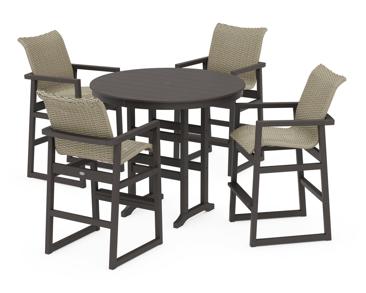 POLYWOOD EDGE Woven 5-Piece Round Farmhouse Bar Set in Vintage Coffee / Dune Grass