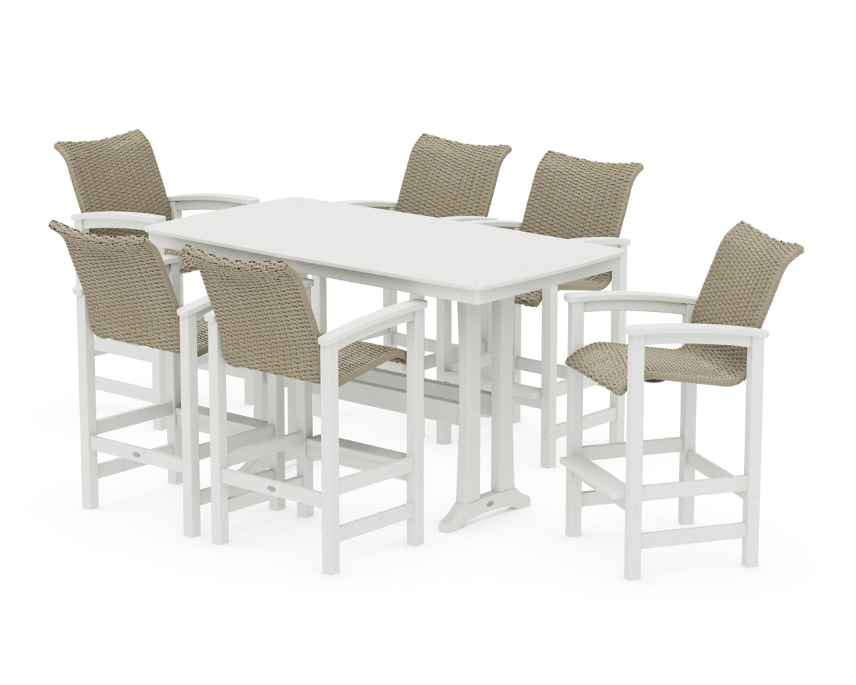 POLYWOOD Coastal Woven Arm Chair 7-Piece Bar Set with Trestle Legs in White / Dune Grass