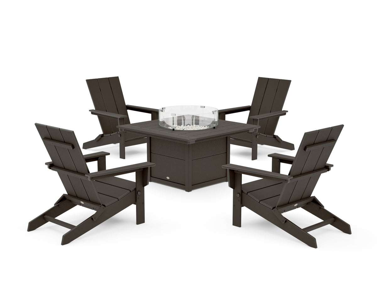 POLYWOOD 5-Piece Modern Studio Folding Adirondack Conversation Set with Fire Pit Table in Vintage Coffee