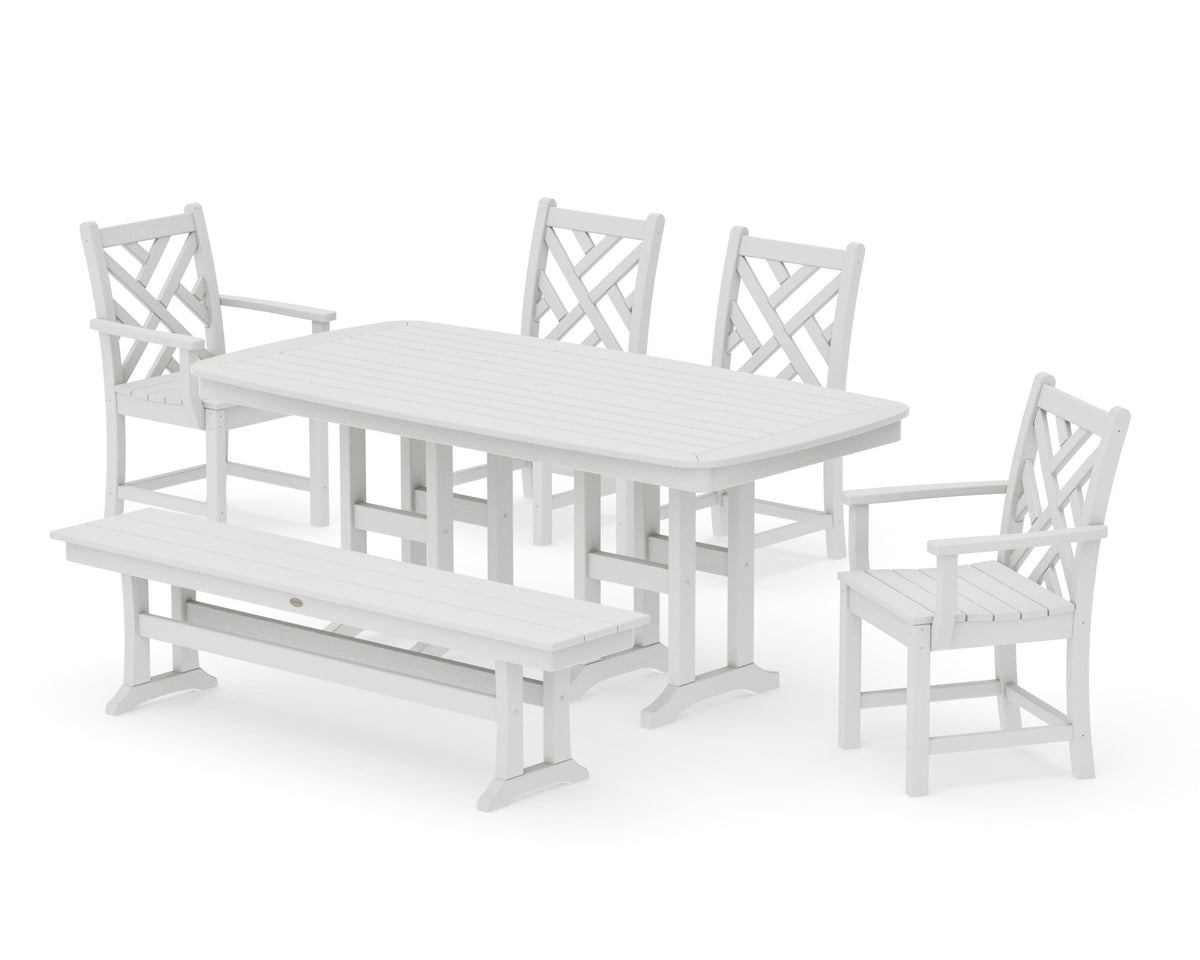 POLYWOOD Chippendale 6-Piece Dining Set with Bench - 37" x 72" Table in Vintage White