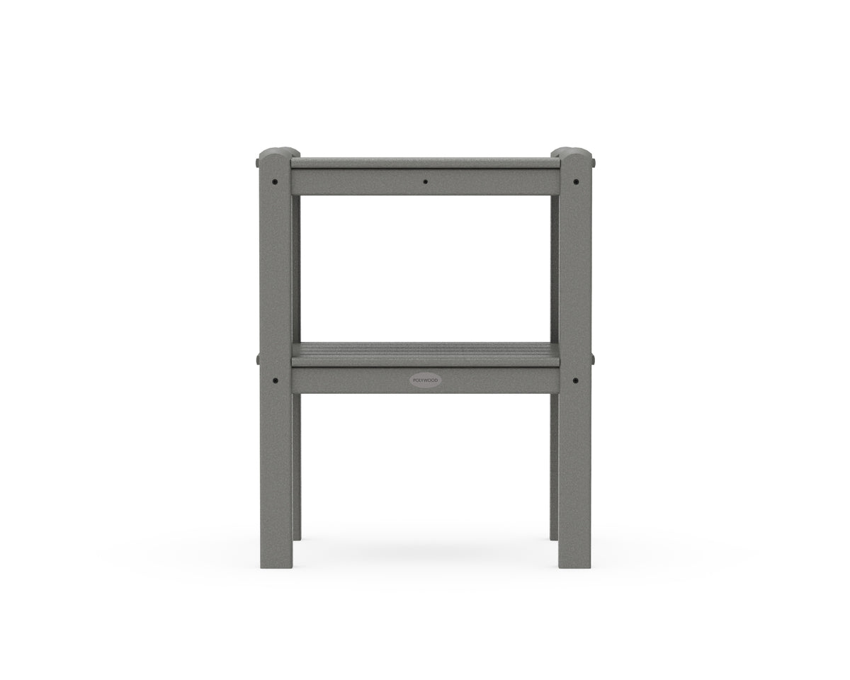 Angled view of the POLYWOOD Two Shelf Side Table in Slate Grey