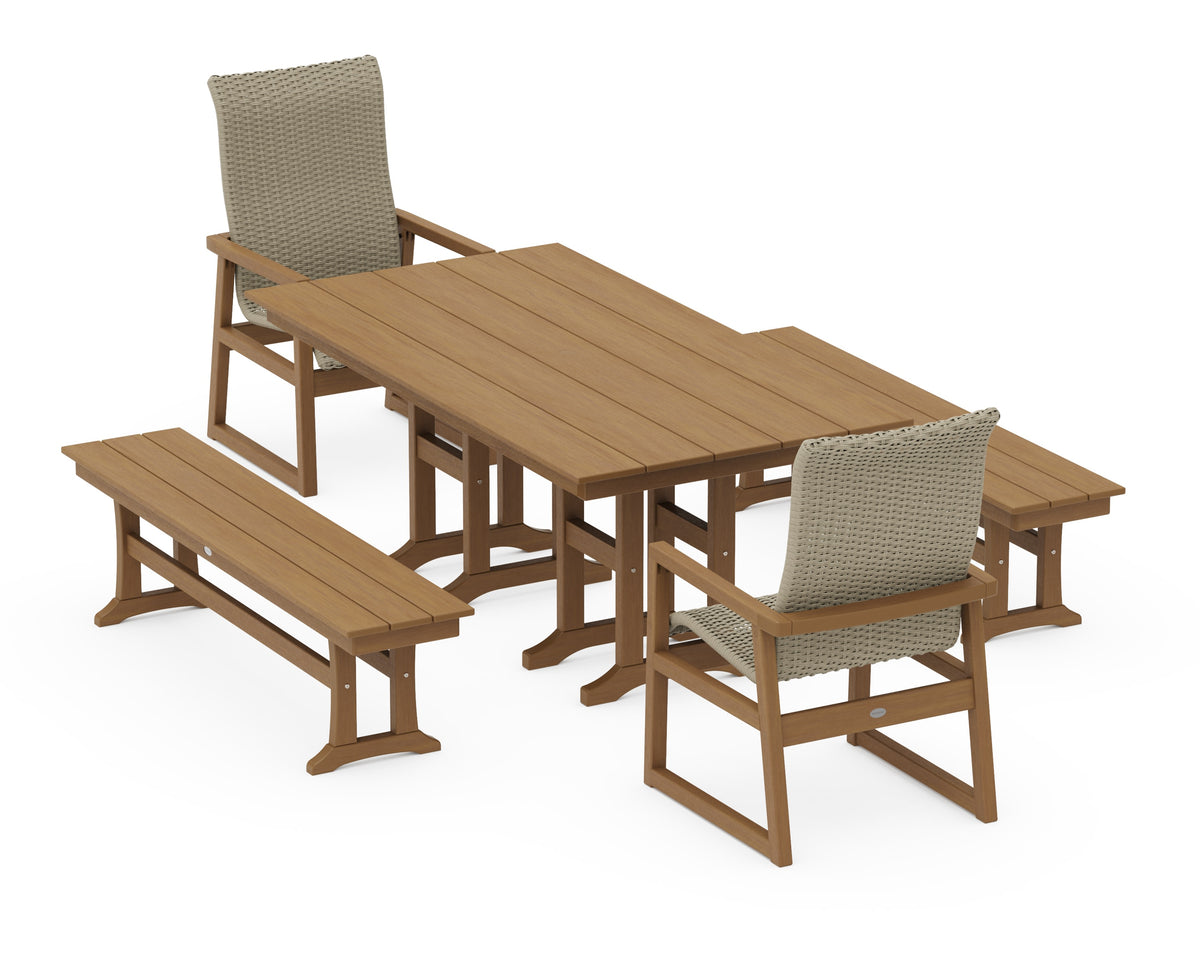 POLYWOOD EDGE Woven High-Back 5-Piece Farmhouse Dining Set with Benches in Natural / Dune Grass