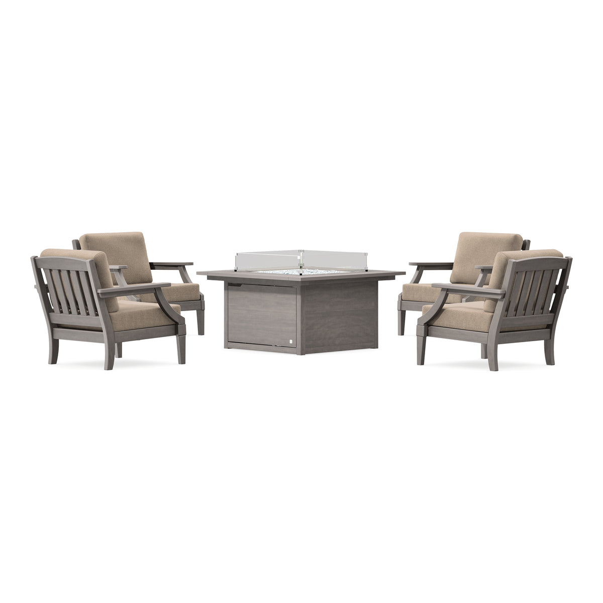 POLYWOOD PW Designer Series Estate 5-Piece Lounge Fire Table Set in Driftwood / Spiced Burlap
