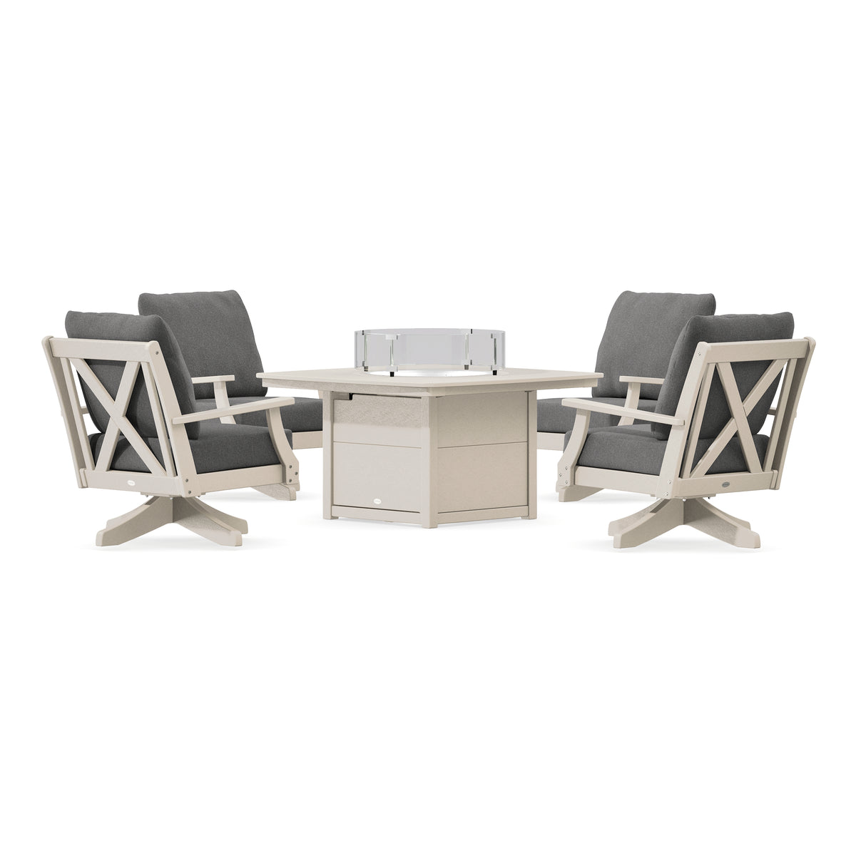 POLYWOOD Braxton 5-Piece Deep Seating Swivel Conversation Set with Fire Pit Table in Sand