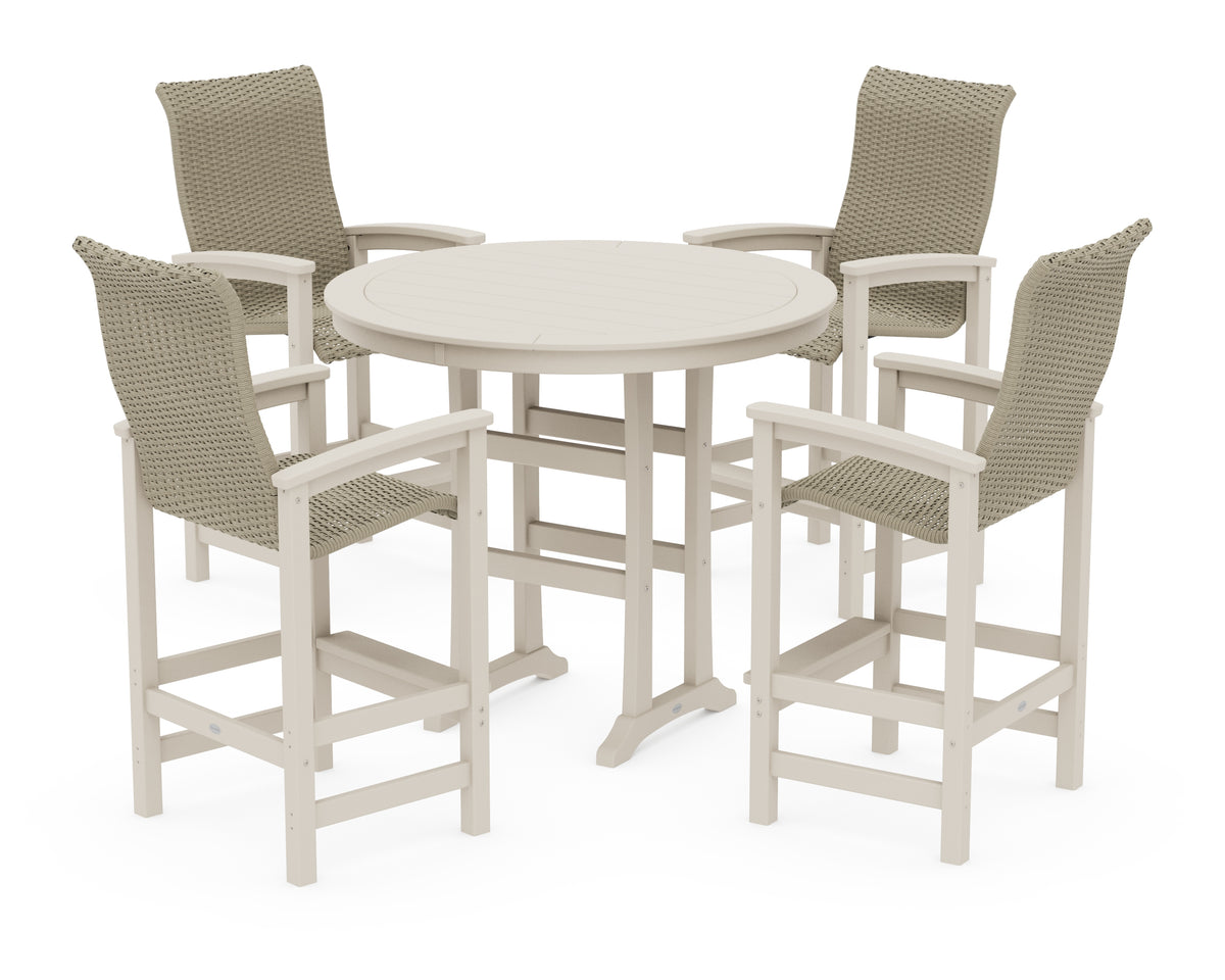 POLYWOOD Coastal Woven High-Back 5-Piece Round Bar Set in Sand / Dune Grass