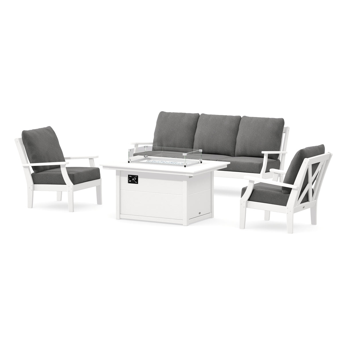 POLYWOOD Braxton Deep Seating Fire Pit Table Set in White