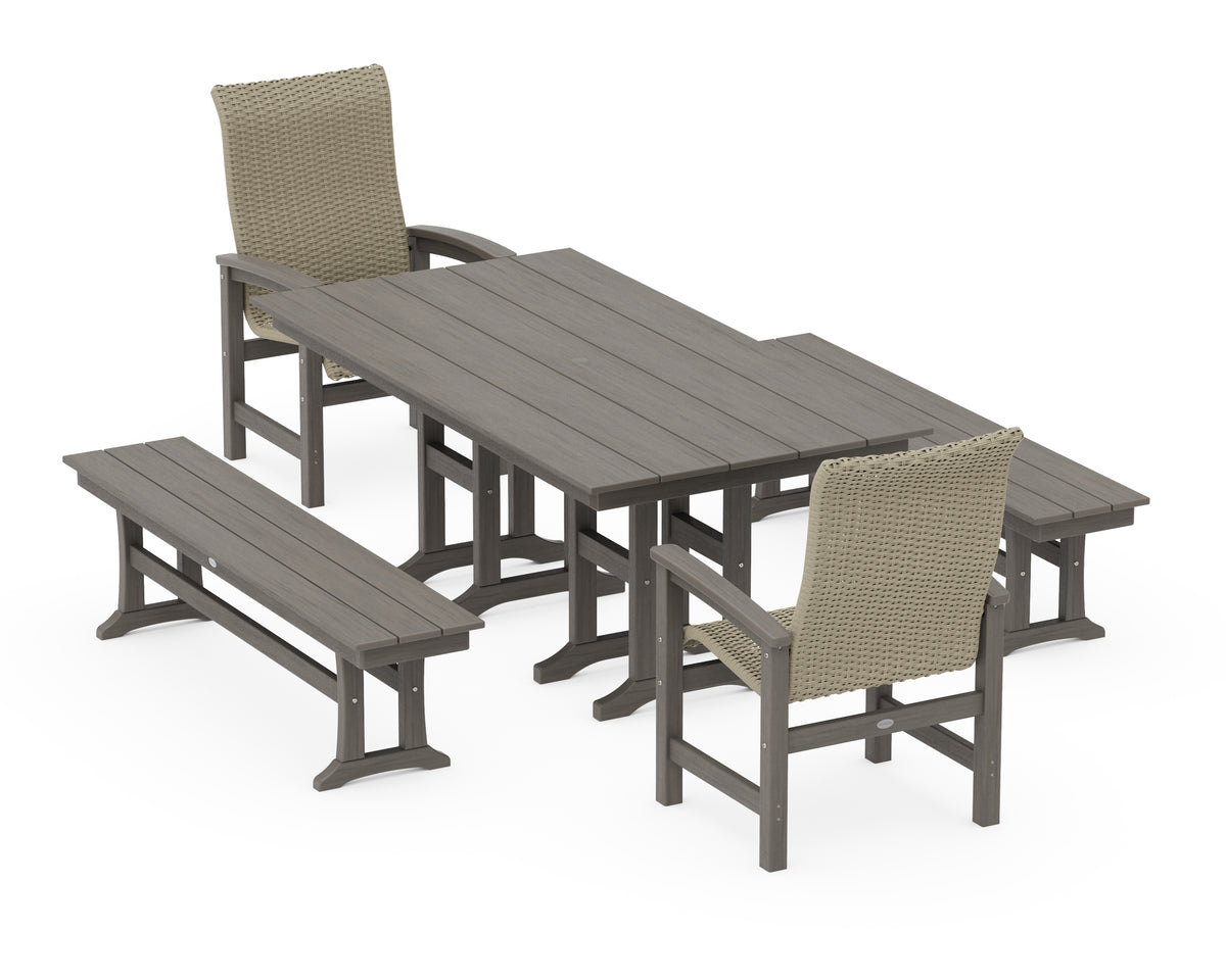 POLYWOOD Coastal Woven High-Back 5-Piece Farmhouse Dining Set with Benches in Driftwood / Dune Grass