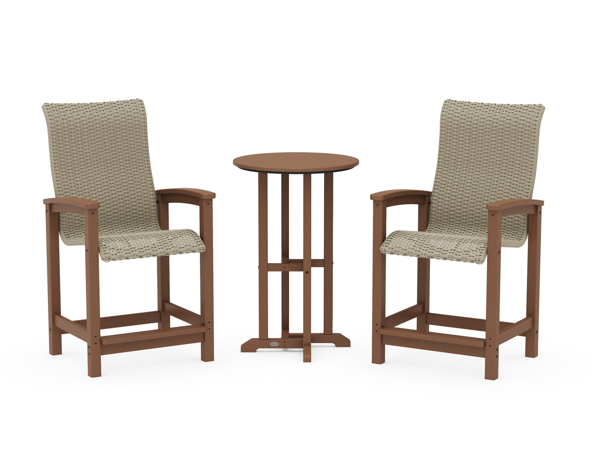 POLYWOOD Coastal Woven High-Back 3-Piece Farmhouse Counter Set in Teak / Dune Grass