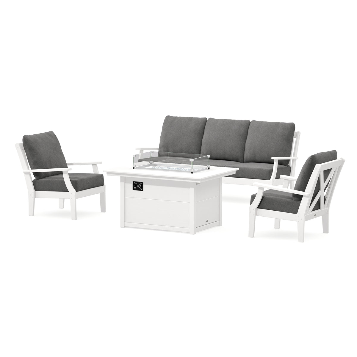 POLYWOOD Braxton Deep Seating Fire Pit Table Set in Vintage White