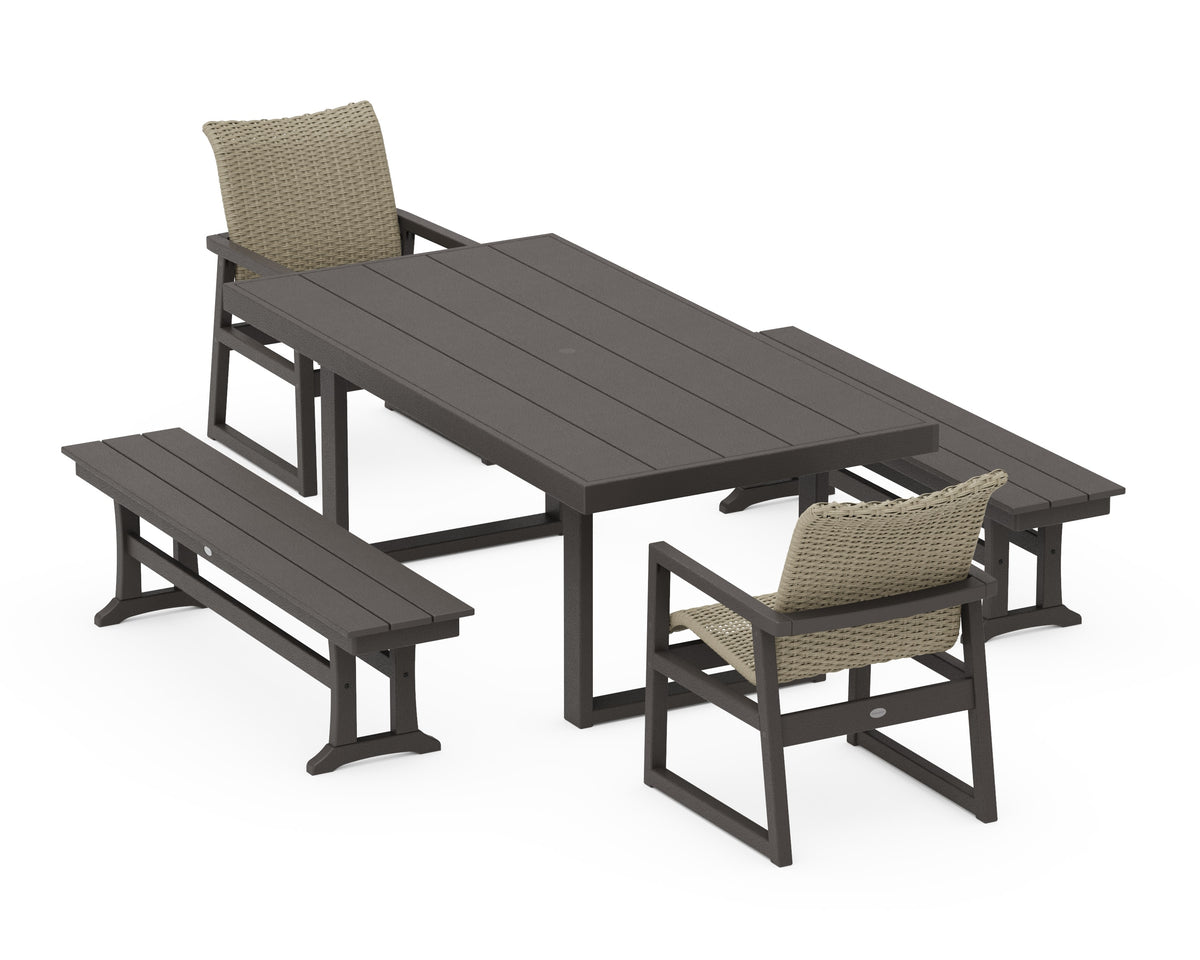 POLYWOOD EDGE Woven 5-Piece Dining Set with Benches in Vintage Coffee / Dune Grass