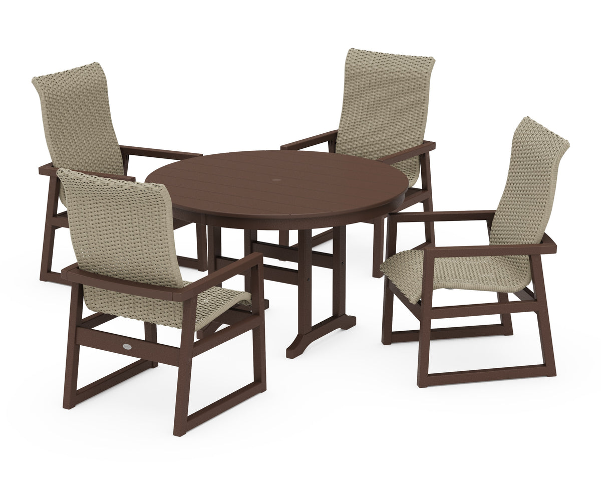 POLYWOOD EDGE Woven High-Back 5-Piece Round Farmhouse Dining Set in Mahogany / Dune Grass
