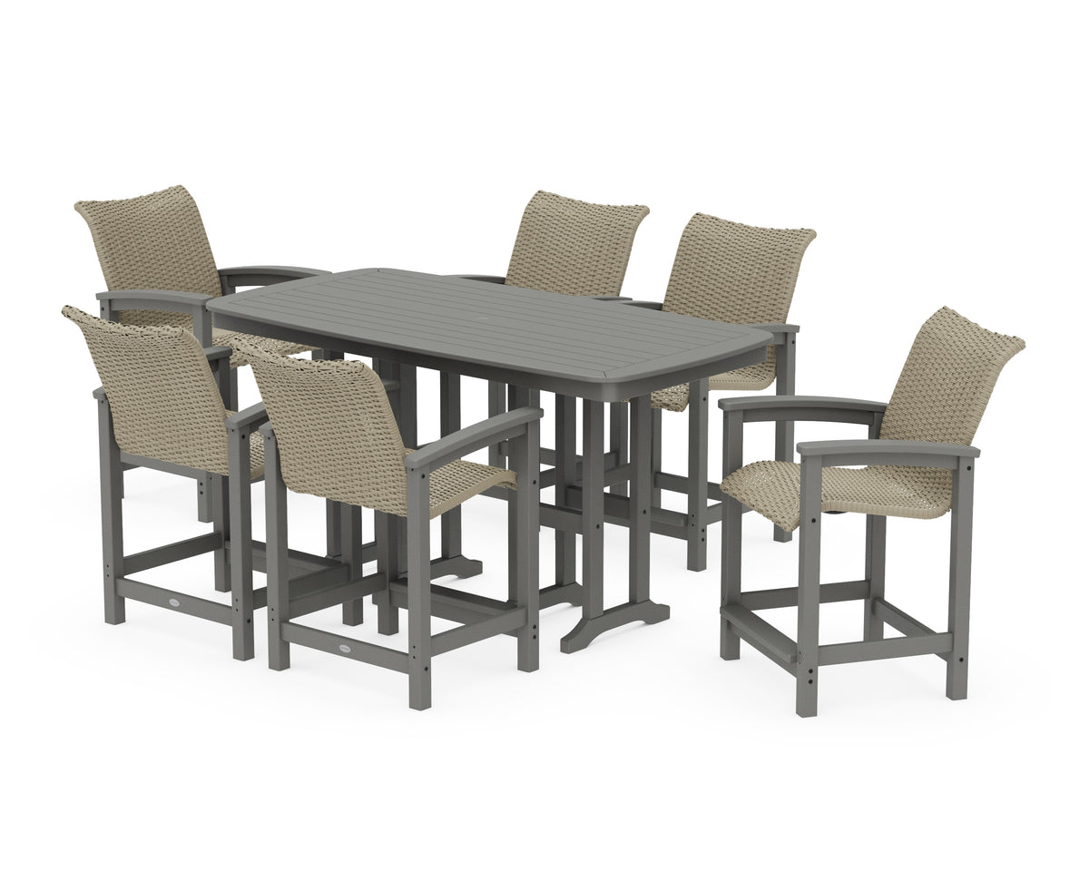 POLYWOOD Coastal Woven Arm Chair 7-Piece Counter Set in Slate Grey / Dune Grass