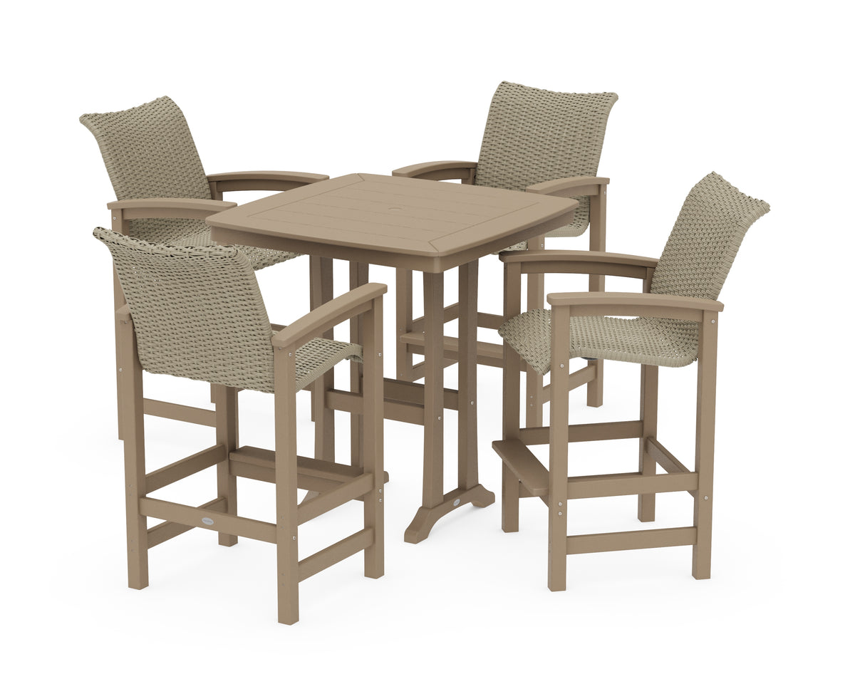 POLYWOOD Coastal Woven 5-Piece Bar Set with Trestle Legs in Vintage Sahara / Dune Grass