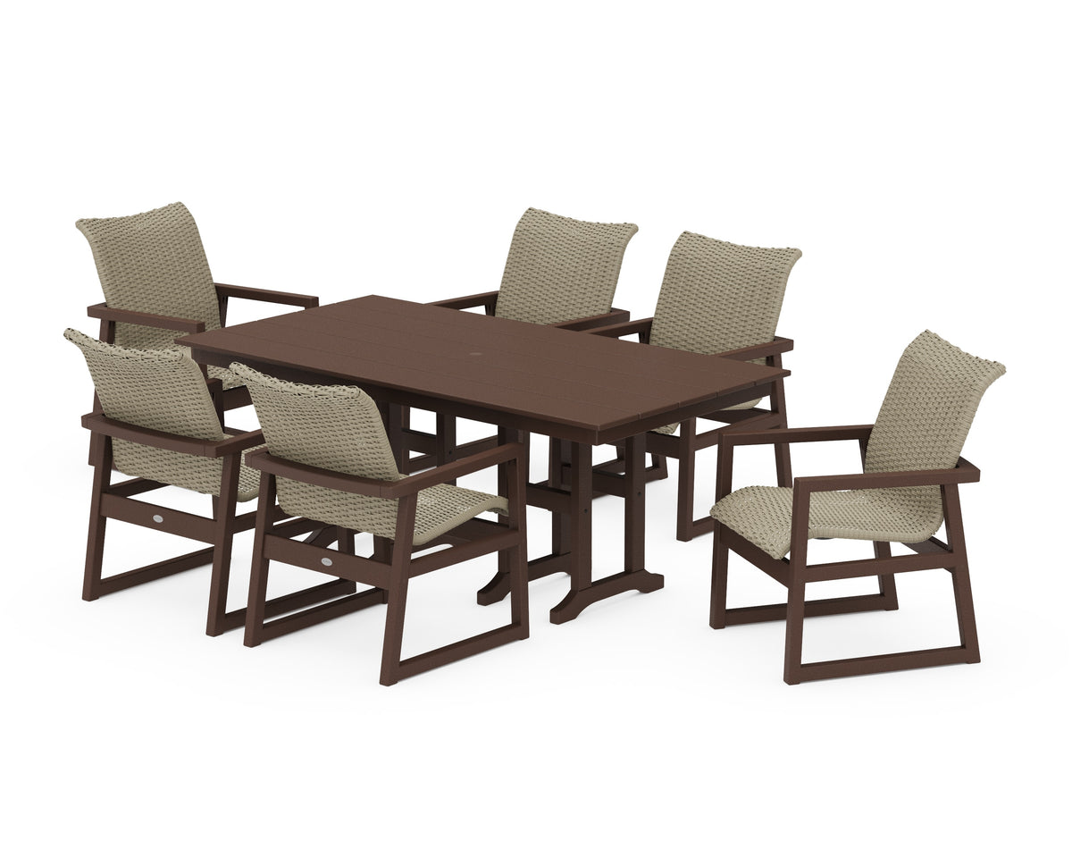 POLYWOOD EDGE Woven Arm Chair 7-Piece Farmhouse Dining Set in Mahogany / Dune Grass