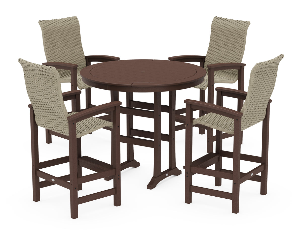 POLYWOOD Coastal Woven High-Back 5-Piece Round Bar Set in Mahogany / Dune Grass