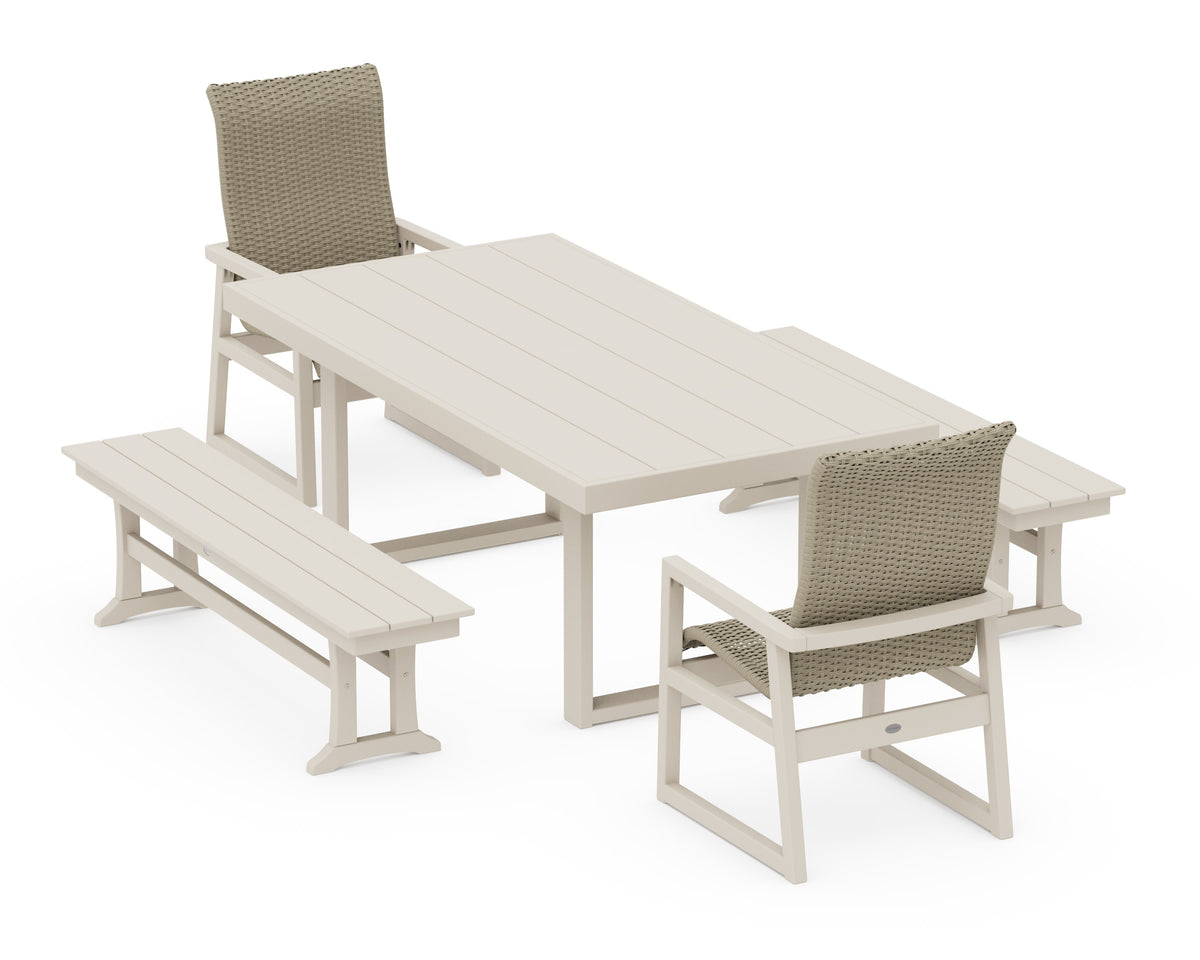 POLYWOOD EDGE Woven High-Back 5-Piece Dining Set with Benches in Sand / Dune Grass