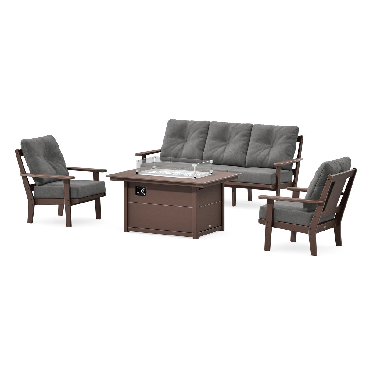 POLYWOOD Prairie Deep Seating Fire Pit Table Set in Mahogany
