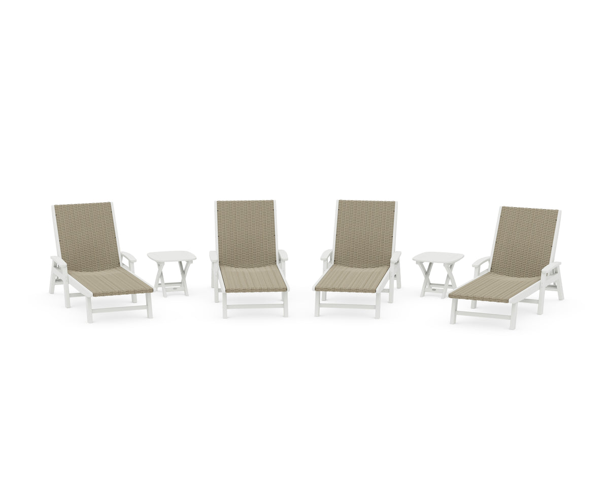 POLYWOOD 6-Piece Coastal Woven Chaise with Arms Lounge Set in White / Dune Grass