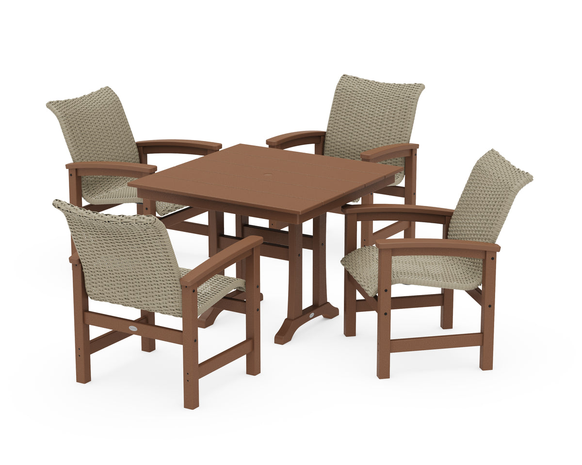 POLYWOOD Coastal Woven 5-Piece Farmhouse Dining Set with Trestle Legs in Teak / Dune Grass